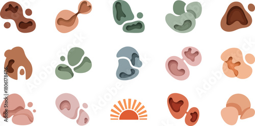 A collection of abstract organic shapes and blobs in muted earth tones and soft pastels featuring a minimalist sunrise graphic perfect for modern design backgrounds and artistic compositions