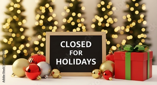 festive decor in background. perfect for business, retail store, office,Closed for holidays sign board on a wooden table Closed for the Holidays' against a cozy, warm-toned festive background.