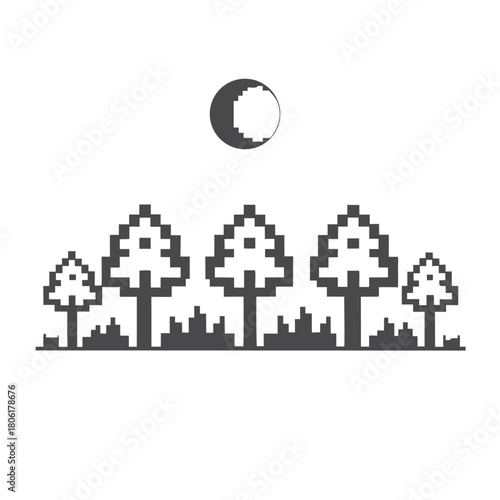 Pixelated crescent moon shines above a forest of blocky trees and grass