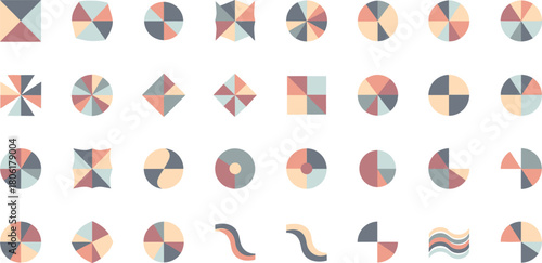 A collection of abstract geometric shapes with a pastel color palette arranged in rows showcasing a variety of forms and patterns for graphic design and artistic backgrounds