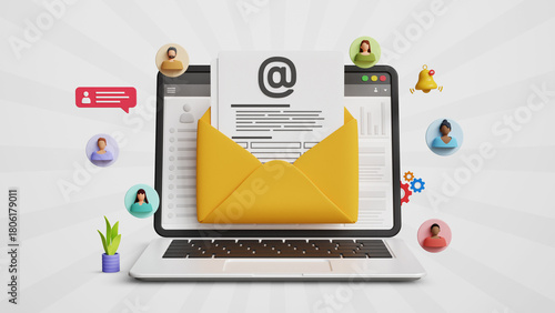 Advanced Email Marketing Campaign, Sales Alert, Customer Engagement, Retention, Leads and Loyalty, Promotion or Newsletter Subscription. Sending Emails to Loyal Customers on a 3D Laptop