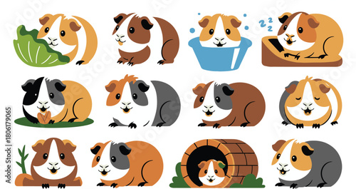 Twelve Adorable Cartoon Guinea Pigs Depicted in Various Activities and Poses on White Background