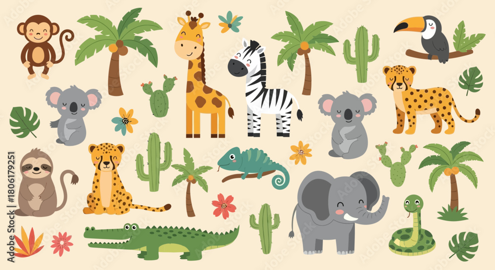 Naklejka premium A colorful cartoon illustration featuring a variety of cute jungle animals, including a giraffe, zebra, elephant, crocodile, and monkey, along with tropical plants.