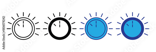 Set of four clock icons representing time progression, from outline to solid blue, indicating passage of time, punctuality, and scheduling concepts.
