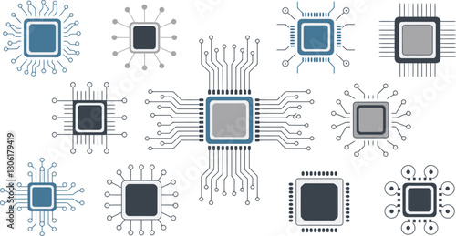 Varied Collection of Blue and Gray CPU Chip Illustrations for Electronic and Tech Design