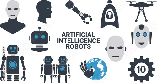 Variety of Artificial Intelligence and Robotics Symbols Humanoid Faces, Robots, Hand with Globe, and Technology