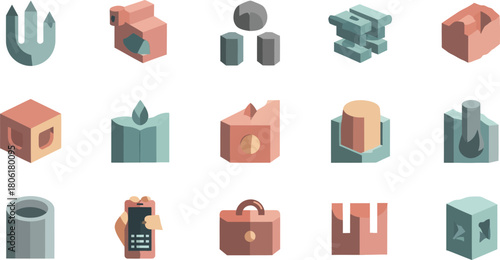 Collection of isometric 3d rendered abstract geometric shapes and objects in muted pastel colors representing building blocks components or abstract art elements