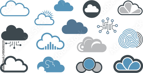Various Cloud Computing and Data Storage Conceptual Icons in Blue, Gray, and White