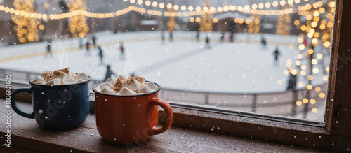 Two mugs of hot cocoa on window sill with skating rink background  