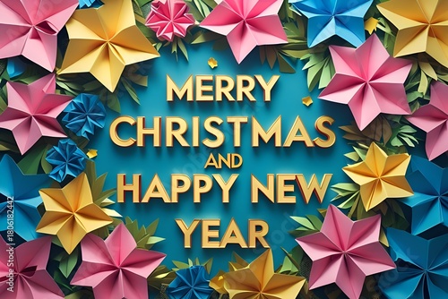 Merry Christmas and Happy New Year banner with colorful floral background