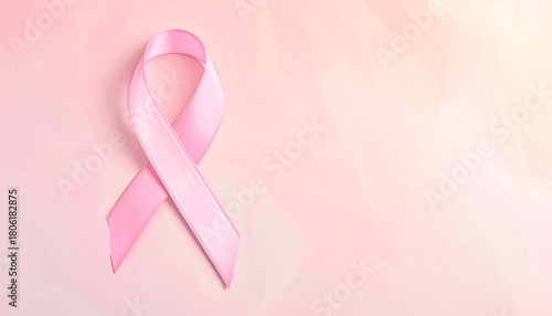 Pink ribbon on pink background, breast cancer awareness symbol.