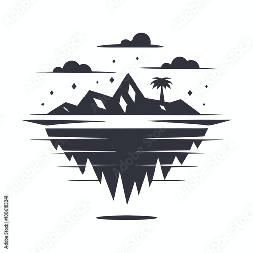 Dark mountain range with palm tree and reflection under clouds during daytime