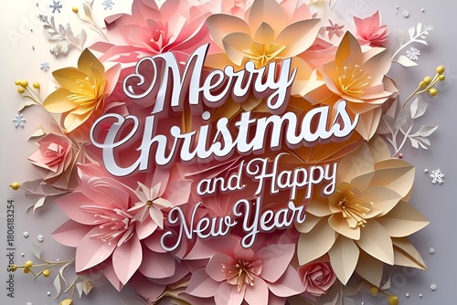 Merry Christmas and Happy New Year banner with a floral background