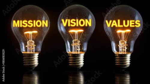 Light bulbs displaying mission vision and values symbols in a creative concept for organizational principles