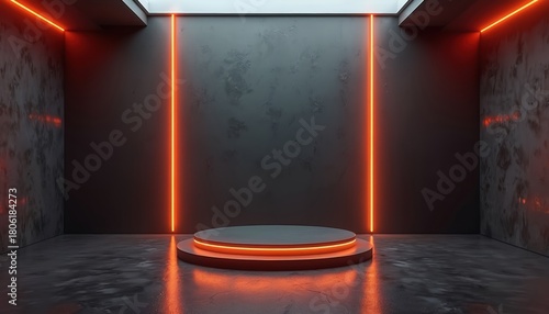 Fototapeta Naklejka Na Ścianę i Meble -  Minimalistic 3D rendering interior with a round podium set against black walls. Neon orange lights illuminate the studio. The photo has a modern sci-fi feel.