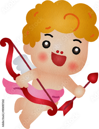 Illustration of Happy Cupid with Bow and Arrow Watercolor Hand Drawn Style