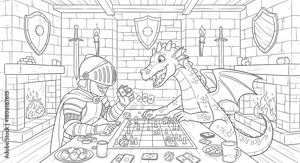 Fototapeta premium Knight and Dragon Playing Board Games in Medieval Castle, Line Art