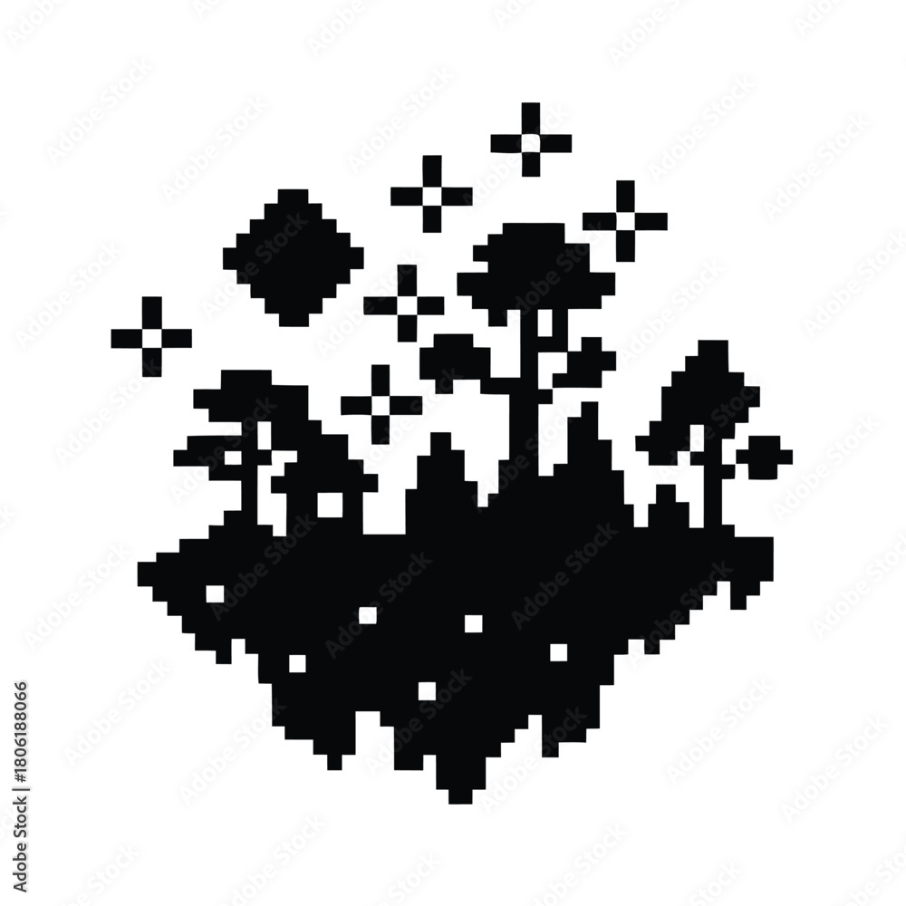 Fototapeta premium Pixelated landscape features a silhouetted forest and glowing pixel stars under a blocky moon