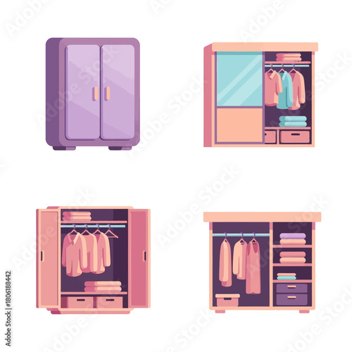 Set of closets and wardrobes with hanging clothes