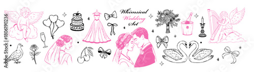 Whimsical vintage wedding doodle collection. Hand drawn elegant couple, party icons, bows, harp, swans, cherub, bouquet and celebration cake in sketch style.