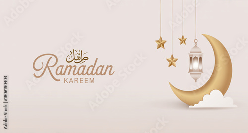 Ramadan Kareem vector greeting with golden crescent moon lantern and three stars on beige background