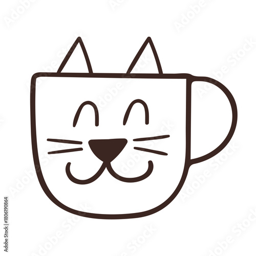 Cat in a Mug. Minimal vector illustration of a contour cup with cat face inside and ears. Simple playful design.
