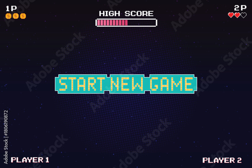 START NEW GAME. Synthwave wireframe net illustration. pixel art .8 bit game. retro game. Retro Futurism Sci-Fi Background. glowing neon grid and stars.