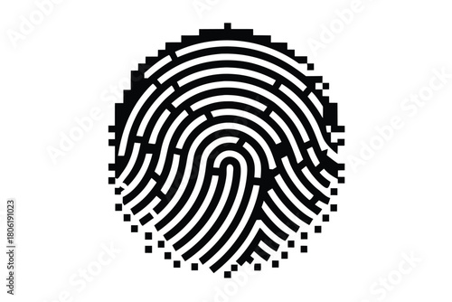 Pixelated black and white fingerprint pattern displays biometric data in a unique abstract way