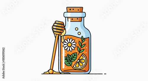 Natural Honey Elixir in Glass Bottle with Chamomile Mint and Lemon Slices Wellness Ingredient