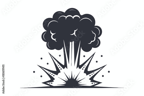 Black and white comic explosion cloud bursts dramatically on a white background