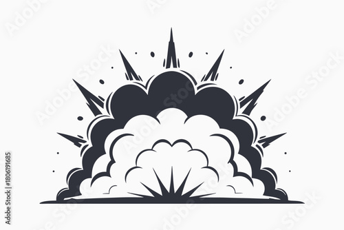 Detailed grey explosion cloud grows from the ground with jagged edges and layered puffs