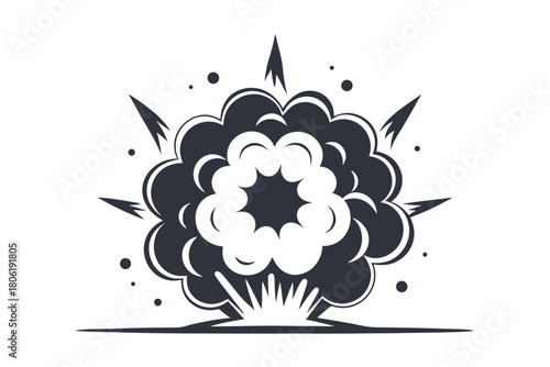 Cartoon explosion shows a powerful burst with smoky cloud effect on a white background