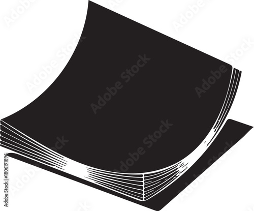 Black Silhouette of an Open Book with Flipping Pages on a White Background reading