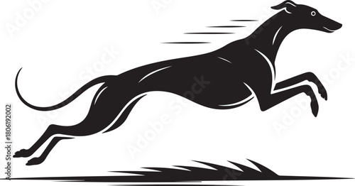 Silhouette of a Greyhound Dog Running with Motion Lines on a White Background black