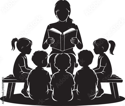Silhouette of a Teacher Reading to Children Sitting on a Bench on a White Background book