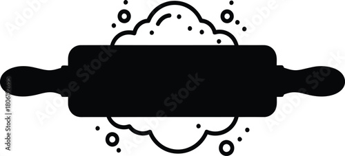 Black silhouette of a rolling pin with flour and dots on white background baking dough