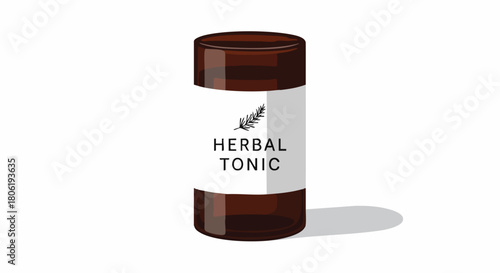 Minimalist Amber Glass Bottle of Herbal Tonic with White Label Isolated on White Background