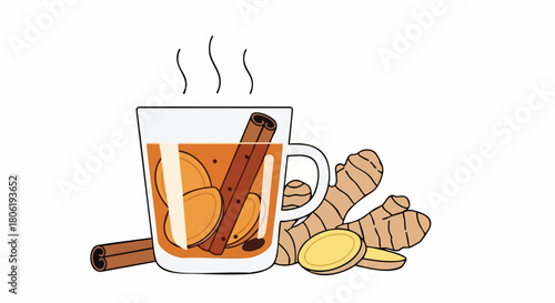 Illustration of Hot Ginger and Cinnamon Tea for Wellness and Immune Support