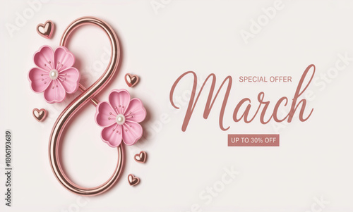 Rose gold vector number 8 adorned with pink cherry blossoms and hearts for a special March celebration