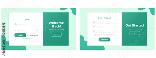 Sign up and sign in UI page layout. Simple modern register and login form design for websites.