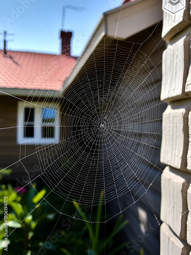 Close-up of a spider's web in a corner outside a house on a sunny day