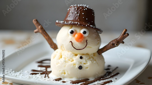 Adorable Vanilla Ice Cream Snowman with Chocolate Hat and Pretzel Arms