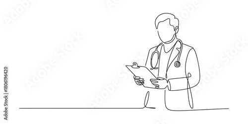 Continuous line art doctor holding clipboard and stethoscope