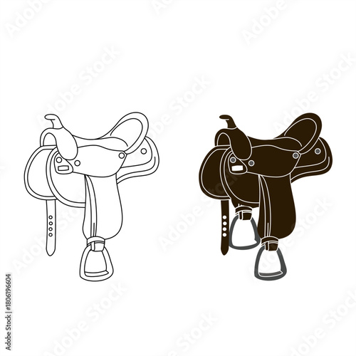 Saddle outline and solid brown illustration. Equestrian vector design
