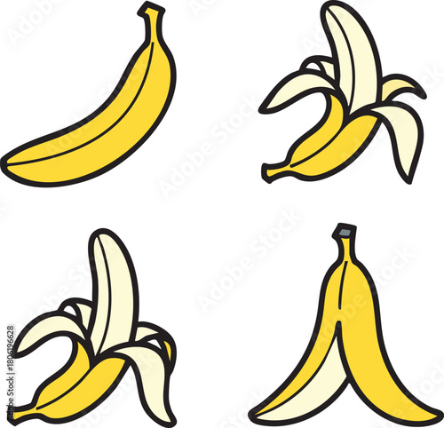 Set of healthy, sweet, ripe yellow bananas, a tropical fresh fruit snack