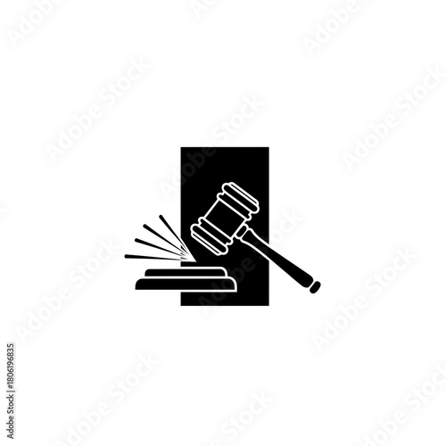 Black judge gavel striking law book icon, legal justice symbol, court illustration, vector design for attorney law practice apps