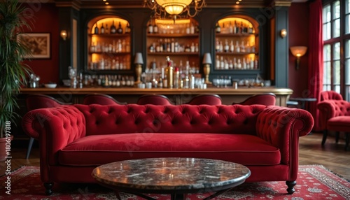 Plush red velvet sofa in a classic bar. Elegant furniture, ambient lighting, and a well-stocked bar create a luxurious atmosphere for relaxation and socializing.