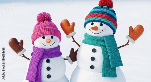 Two cheerful snowmen standing side by side with colorful hats and scarves in a snowy landscape