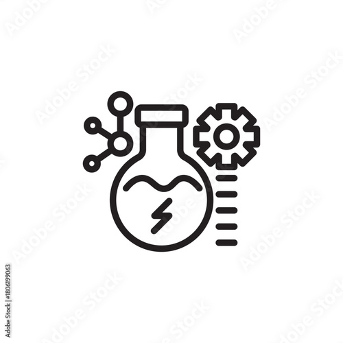 Catalysis icon. Features a flask with an electric charge connected to a molecule and gear or gauge. Represents chemical reaction acceleration, process engineering, efficiency, and material synthesis.