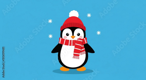 Cute penguin with a red hat and scarf standing against a blue background with snowflakes, perfect for winter and holiday themes, cheerful and festive